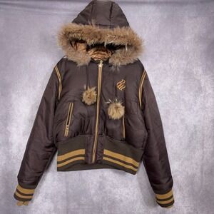Rocawear Puffer Jacket Faux Fur Hood Down Fill Bomber XL Brown Gold Y2K Style